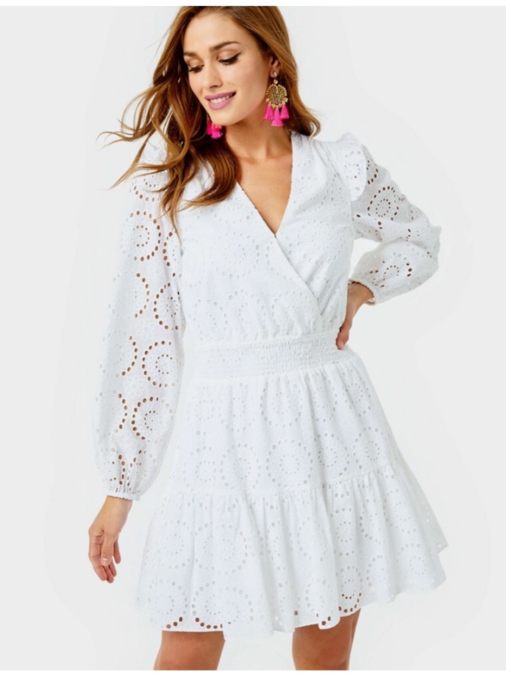 LILLY PULITZER Taviana Eyelet Dress Resort White Size 16 Plus Cotton Long Sleeve